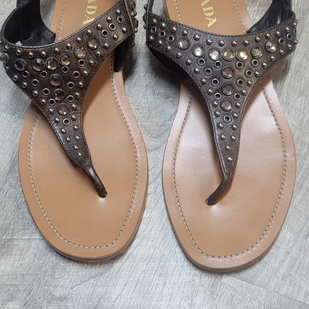 Prada Bronze Jeweled Thong Sandals with Tan Footbed